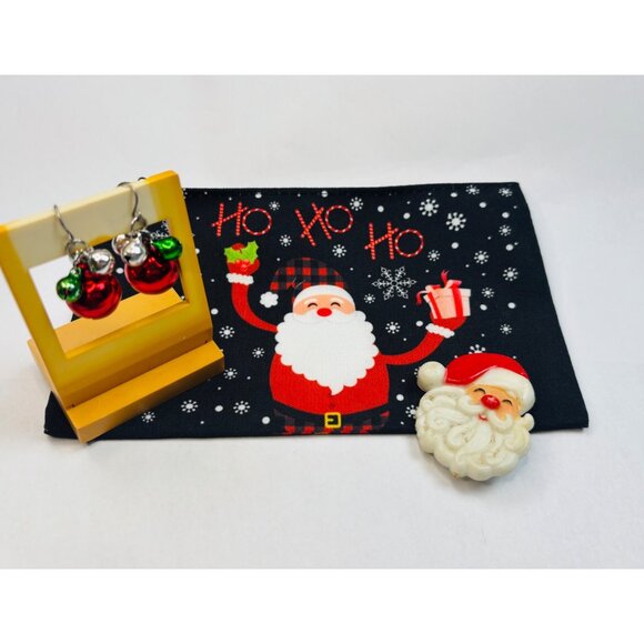 Santa Claus Christmas Zipper Pouch Festive Earrings & Brooch Set - Picture 1 of 2
